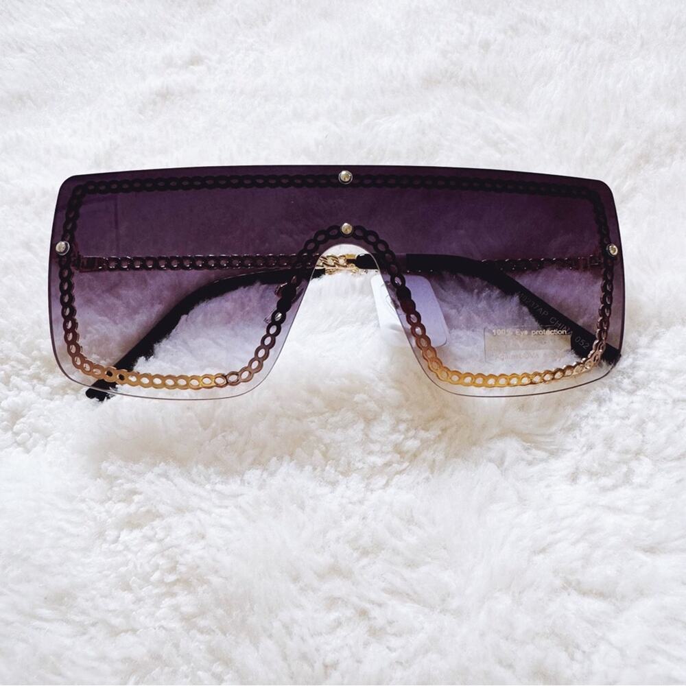 Christine Black Two Tone & Gold Oversized Shield Sunglasses